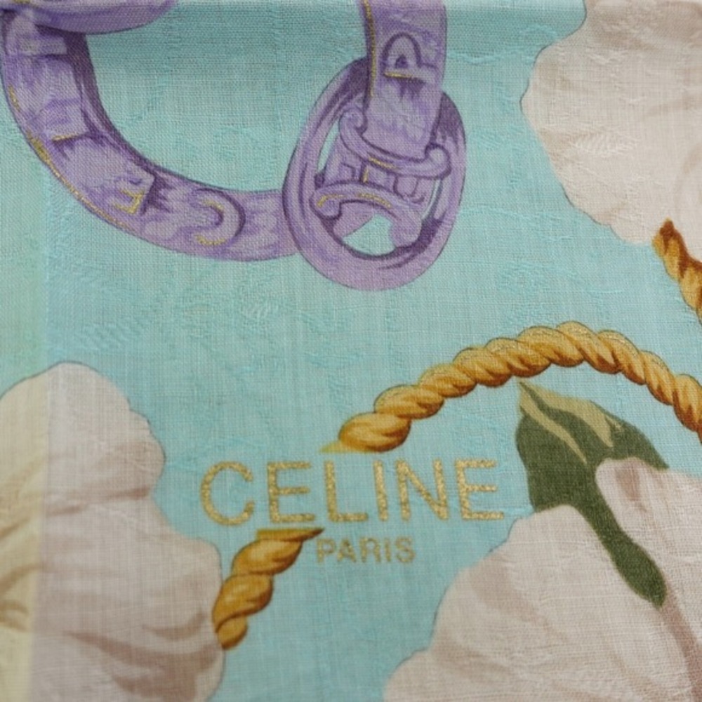 90s VTG CELINE Paris Handkerchief Blue Hibiscus Chain Link Scarf AUTH Luxe 20x19 - Picture 3 of 13